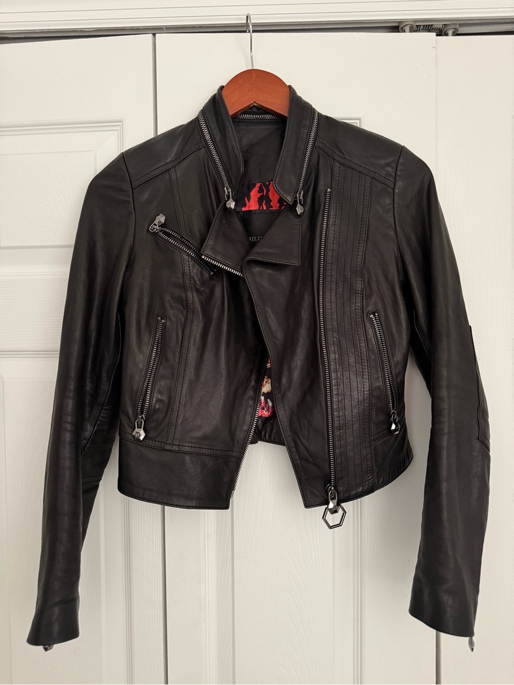 Philipp Plein Black Leather Biker Jacket with Zigzag Zip Detail
